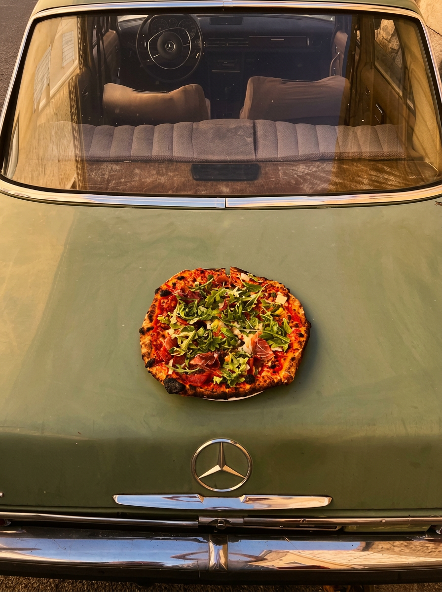 Pizza posée sur le capot d’une Mercedes vintage